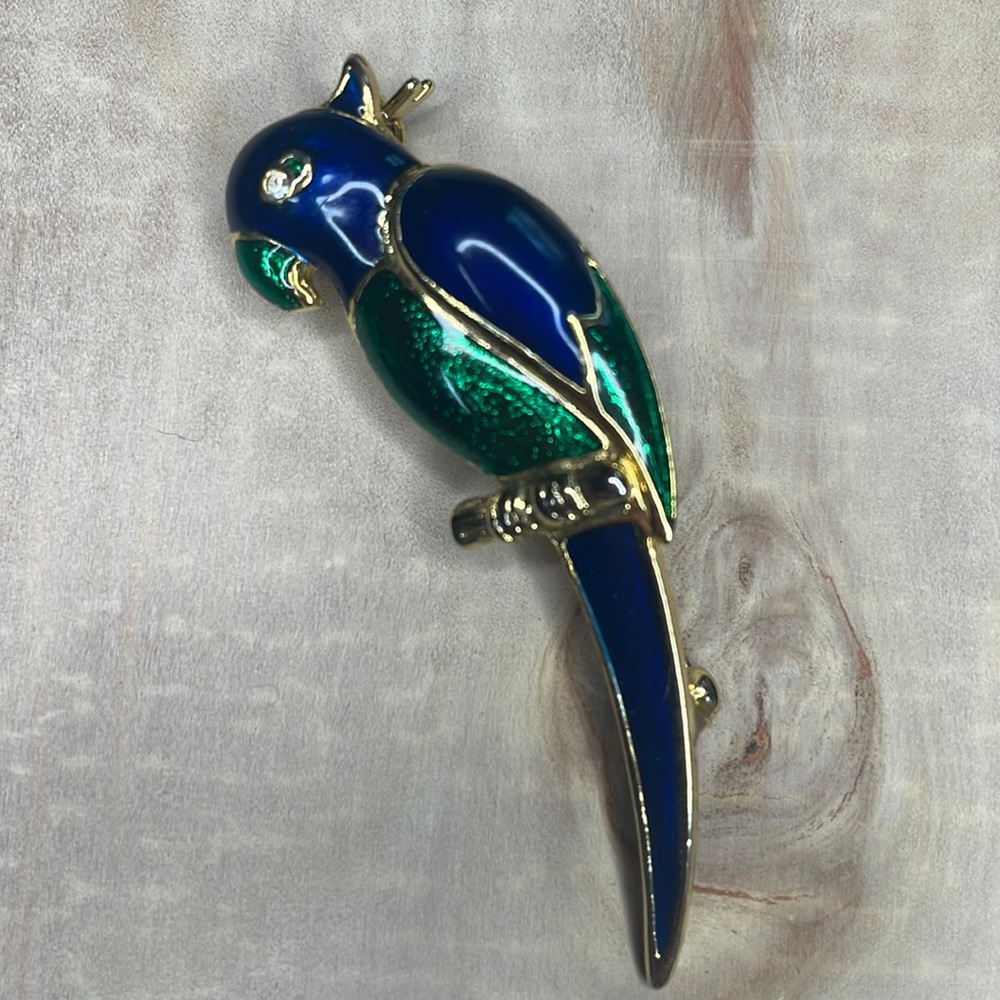 Vintage Blue Green Enamel Parrot Brooch